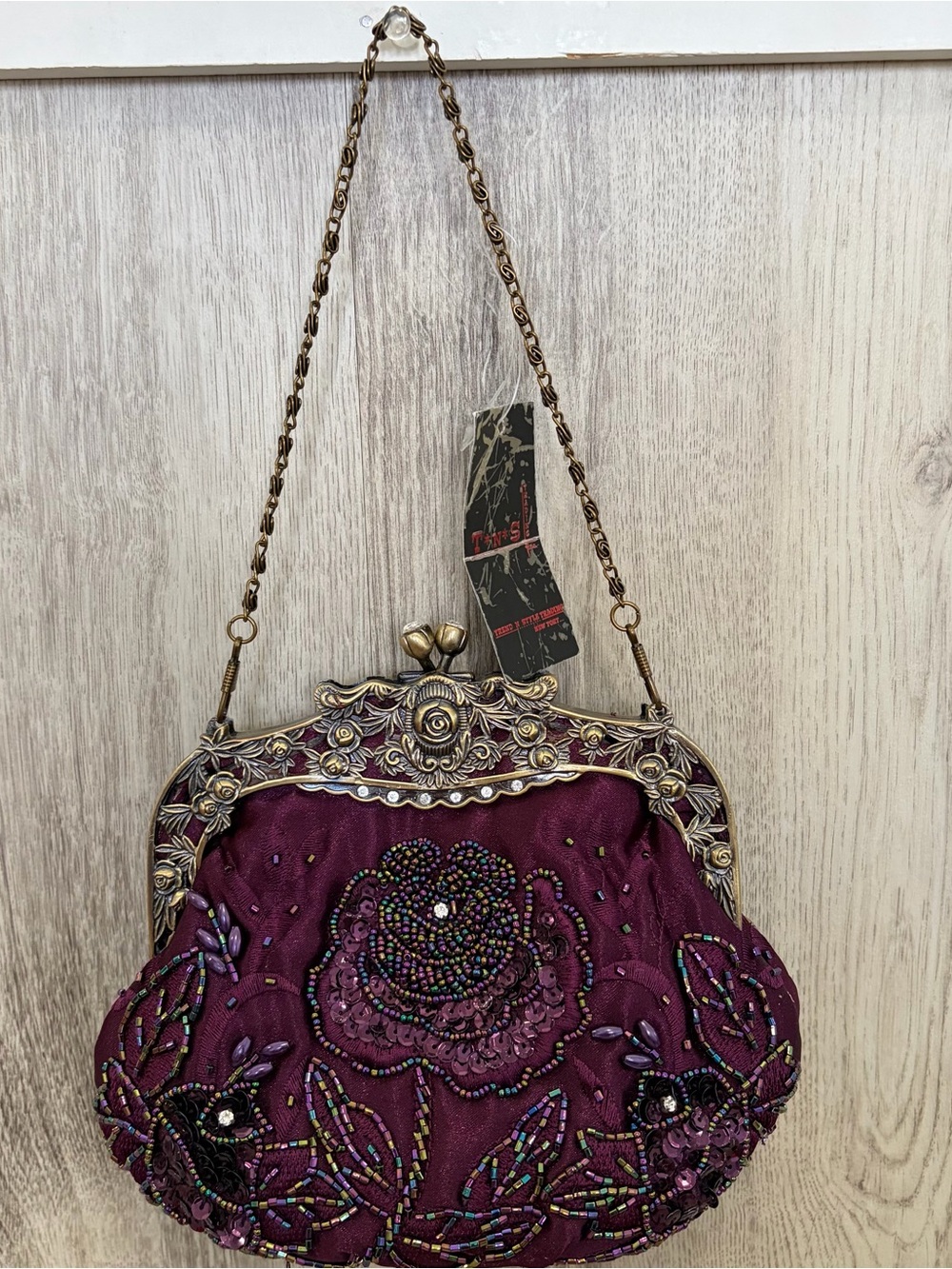 vintage purple beaded sequin evening bag handbag ornate kiss lock chain new